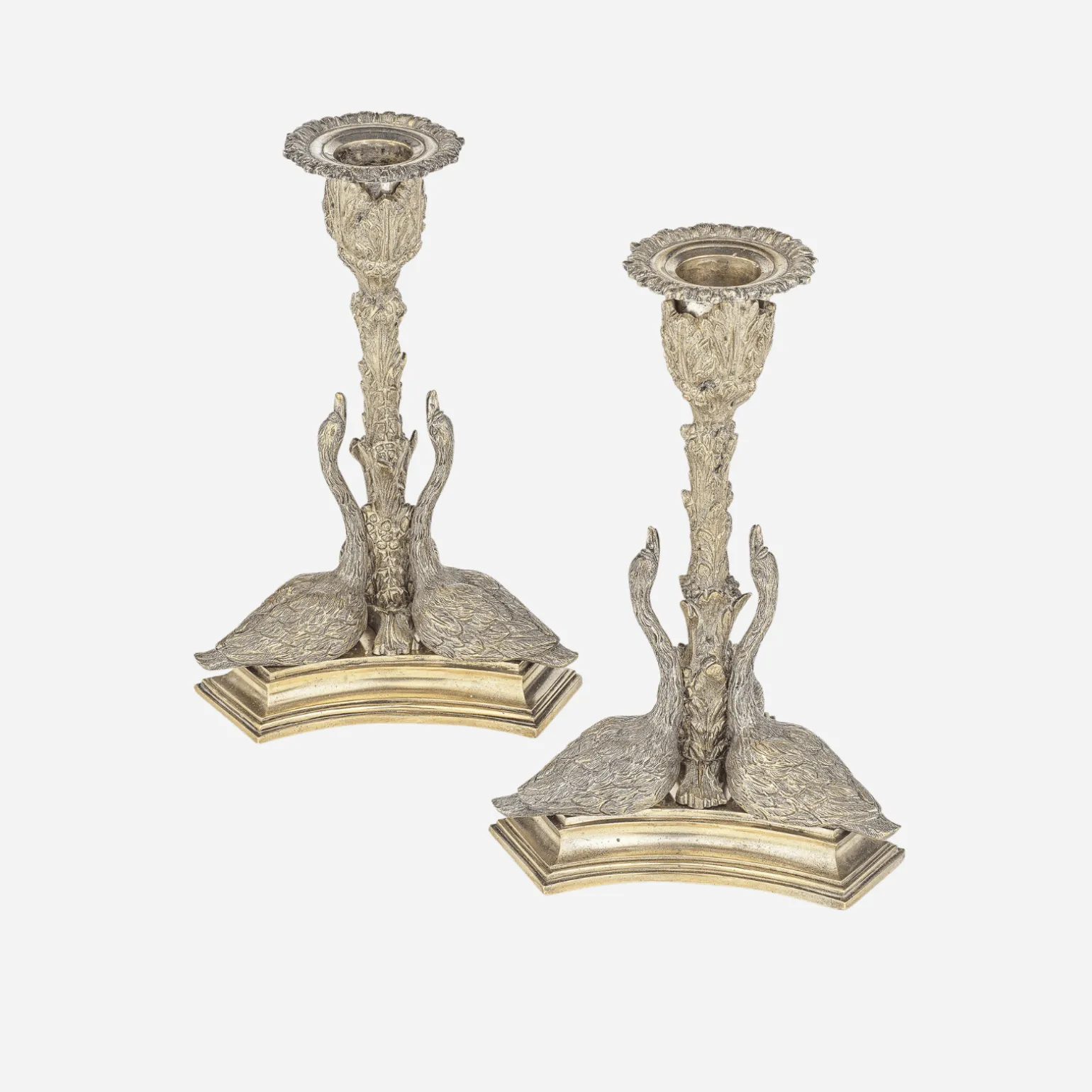 a_pair_of_early_victorian_1.webp A Pair of Early Victorian Silvered Bronze Swan Candlesticks