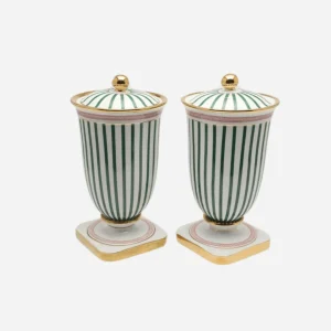 A Pair of Green Striped Porcelain Urns