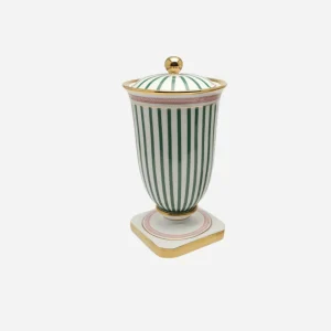 A Pair of Green Striped Porcelain Urns