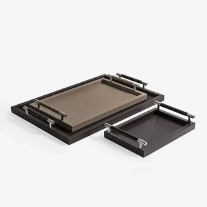 Dedalo Medium Rectangular Leather Tray Taupe