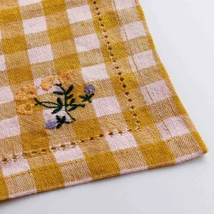 Gingham Embroidered Napkin Mustard
